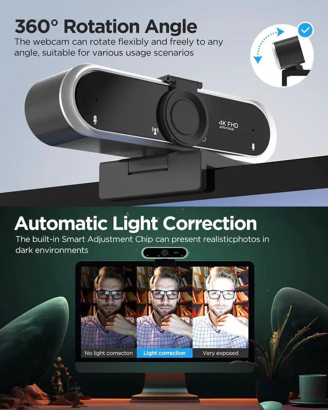 Alt view image 5 of 5 - NIVEOLI Webcam 4K with Microphone and Webcam Cover Plug and Play with Auto Light Correction for Laptop PC Desktop for Live Streaming Video Call Conference Online Lessons Game