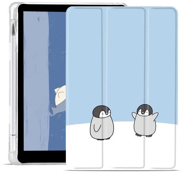 Main image of JOYLAND Lovely Cartoon Penguin Pad Case for 9.7 Inch iPad 5th/6th Generation with Pencil Holder, Auto Wake/Sleep, Foldable Smart Stand, Blue Leather, Anti-Scratch Shockproof Tablet Case