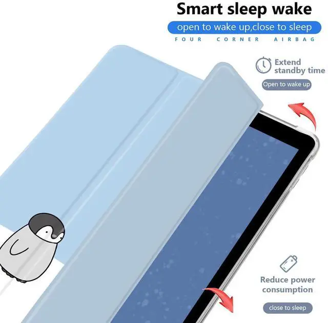 Alt view image 3 of 5 - JOYLAND Lovely Cartoon Penguin Pad Case for 9.7 Inch iPad 5th/6th Generation with Pencil Holder, Auto Wake/Sleep, Foldable Smart Stand, Blue Leather, Anti-Scratch Shockproof Tablet Case