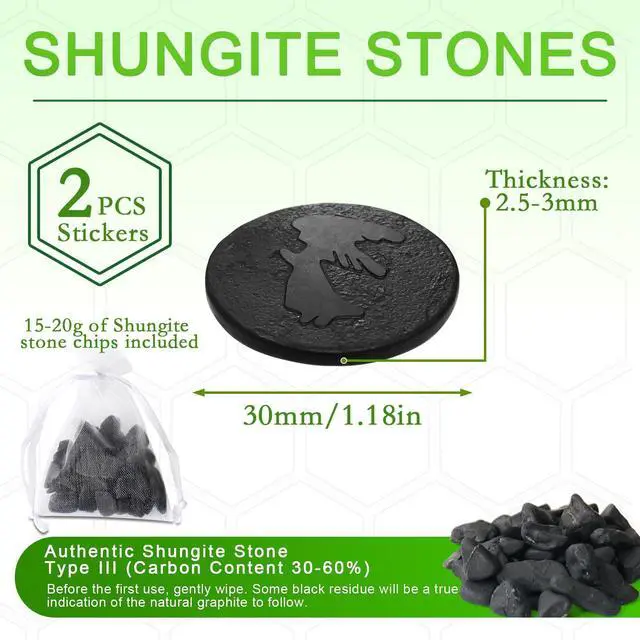 Alt view image 2 of 5 - 2 Pcs Shungite Sticker for Cell Phone + Raw Shungite Stones Set - 30 mm/1.18 inch Shungite Plate for Laptop Computer - Guardian Angel