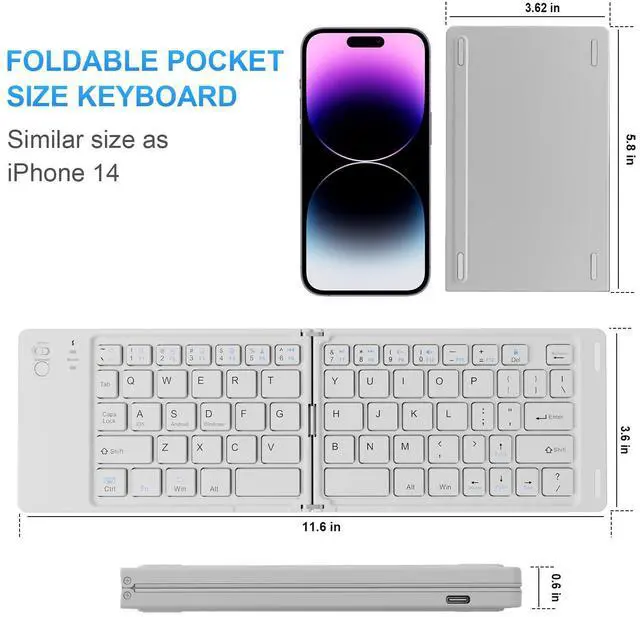 Alt view image 3 of 5 - riwezox Foldable Wireless Bluetooth Keyboard, Pocket-Sized Travel Folding Keyboard for iPad, iPhone, Smartphone, Tablet and Laptop (White)