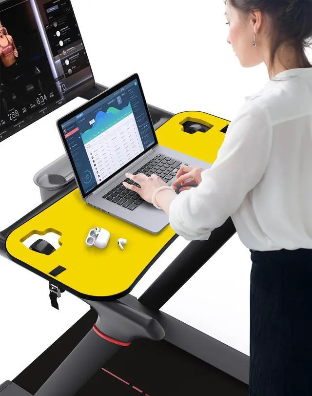 Alt view image 3 of 5 - Qsxou Treadmill Desk Attachment, Tread Tray Ergonomic Platform, Laptop Holder with Tablet Holder,New Universal Cooling Holes Laptop Stand for Home/Office(Yellow)
