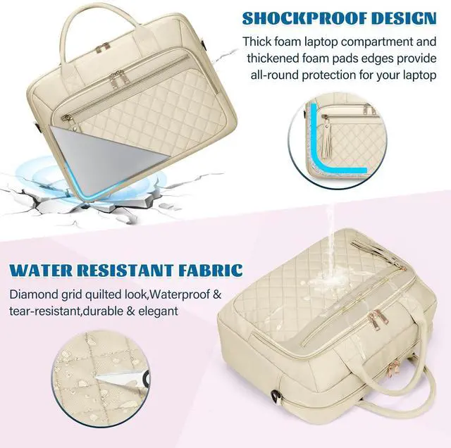 Alt view image 4 of 5 - RAINSMORE Laptop Bag 17.3 Inch Briefcase for Women Waterproof Computer Messenger Shoulder Bags Large Laptop Case for Work Business Office Travel College, Beige