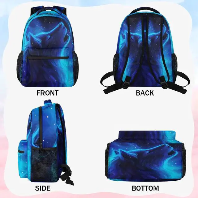 Alt view image 4 of 5 - Wolf Backpacks for Boys Girls, Blue Galaxy Cool Wolf Lightweight School Backpack Laptop College Bookbag, Travel Casual Daypack, Hiking Camping Computer Rucksack