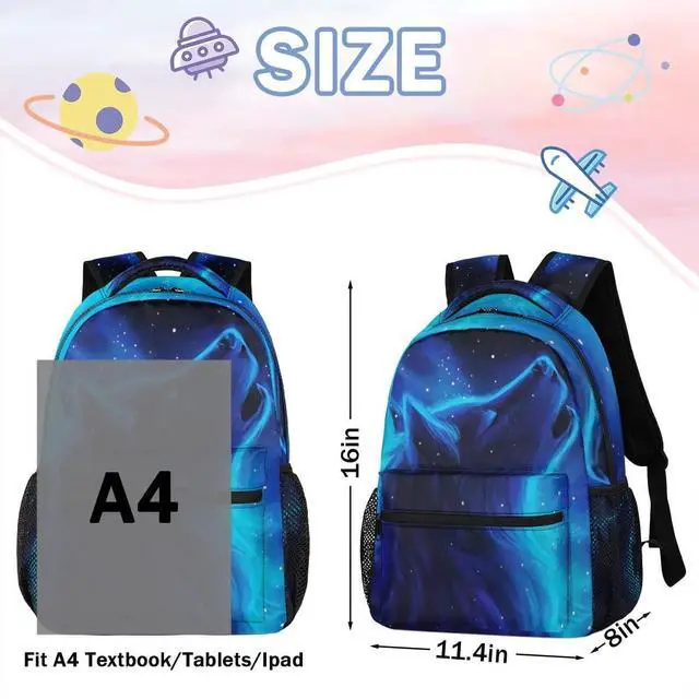 Alt view image 3 of 5 - Wolf Backpacks for Boys Girls, Blue Galaxy Cool Wolf Lightweight School Backpack Laptop College Bookbag, Travel Casual Daypack, Hiking Camping Computer Rucksack