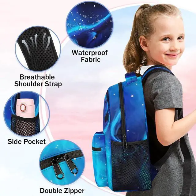 Alt view image 5 of 5 - Wolf Backpacks for Boys Girls, Blue Galaxy Cool Wolf Lightweight School Backpack Laptop College Bookbag, Travel Casual Daypack, Hiking Camping Computer Rucksack
