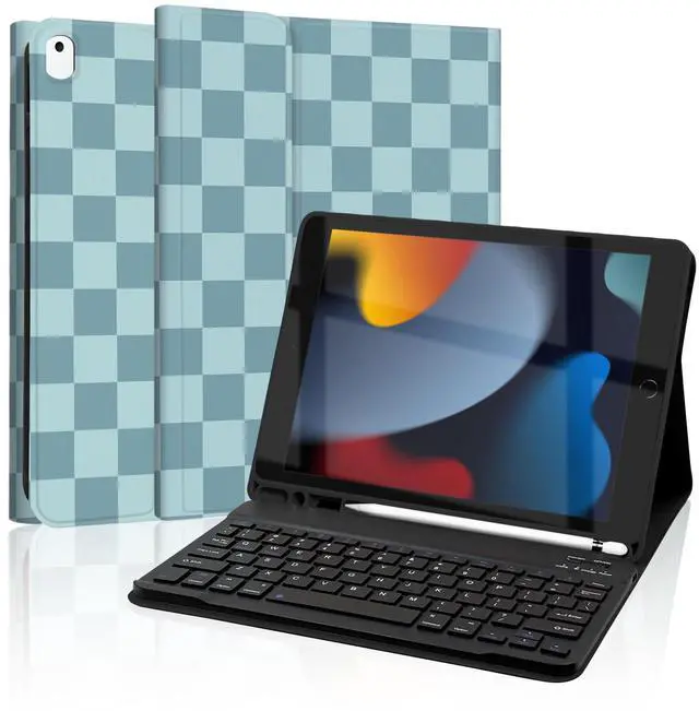 Main image of Mewealth Keyboard Case for iPad 9th / 8th / 7th Generation 10.2 Inch with Pencil Holder, Detachable Keyboard Cover for iPad Pro 10.5" / iPad Air 3rd, Checkered Plaid Blue-Light Blue