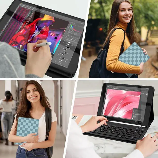 Alt view image 5 of 5 - Mewealth Keyboard Case for iPad 9th / 8th / 7th Generation 10.2 Inch with Pencil Holder, Detachable Keyboard Cover for iPad Pro 10.5" / iPad Air 3rd, Checkered Plaid Blue-Light Blue