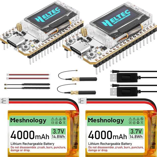 Main image of Meshnology 2 Pack ESP32 LoRa V3 Development Board + 4000mAh Battery + USB Charger Cable Set - with 915MHz Antenna WiFi Bluetooth and SX1262 LoRa V3 Devices for Meshtastic Arduino LoRawan IOT