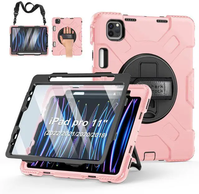 Main image of Case for iPad Pro 11 Inch 2022/2021/ 2020/2018: Silicone Cover for iPad 11 Inch 4th/ 3rd/ 2nd/ 1st/ Generation with Screen Protector- Stand- Handle- Shoulder Strap- Pencil Holder- Rose Gold