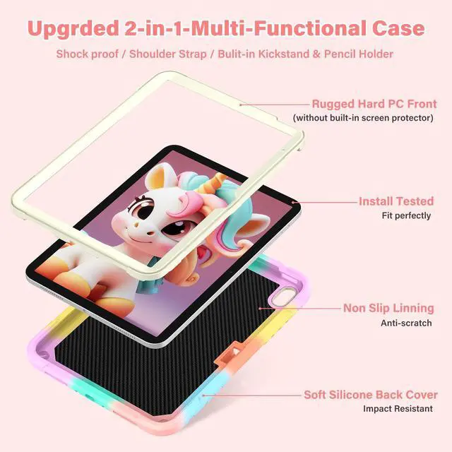 Alt view image 2 of 5 - Paorixln for iPad 10th Generation 2022 Case, iPad 10.9 Cover with Stylus & Shoulder Straps& Unicorn Stand, Fully-Body Rugged Heavy Duty Shockproof, Cute Tablet Case for Kids Girls(Colorful Rosegold)
