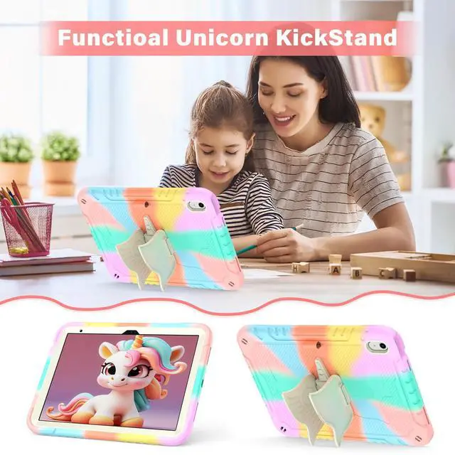 Alt view image 3 of 5 - Paorixln for iPad 10th Generation 2022 Case, iPad 10.9 Cover with Stylus & Shoulder Straps& Unicorn Stand, Fully-Body Rugged Heavy Duty Shockproof, Cute Tablet Case for Kids Girls(Colorful Rosegold)