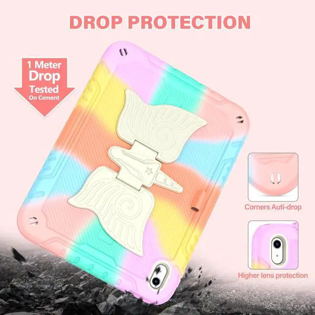 Alt view image 5 of 5 - Paorixln for iPad 10th Generation 2022 Case, iPad 10.9 Cover with Stylus & Shoulder Straps& Unicorn Stand, Fully-Body Rugged Heavy Duty Shockproof, Cute Tablet Case for Kids Girls(Colorful Rosegold)