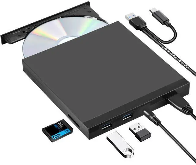 Main image of ROOFULL External CD DVD Drive USB 3.0 & USB-C CD & DVD Player Burner Portable CD/DVD +/-RW Disc Reader Writer with SD Card Slot and USB Ports for Laptop Desktop PC Windows 11/10, Apple Mac Computer