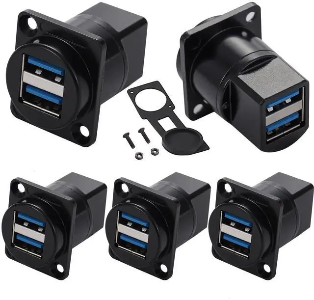 Main image of PENGLIN 5PCS USB 3.0 Panel Mount Connector D-Type,Dual Ports USB 3.0 Female to Female Coupler,Solderless USB Pass Through Adapter with Waterproof Cap