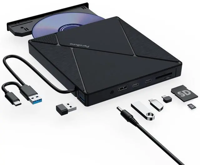 Main image of PeroBuno External CD DVD Drive, USB 3.0 Optical Disc Drive, 4 USB Ports and 2 TF/SD Card Slots, CD DVD Burner Writer Reader Player for Laptop MacBook iMac Desktop PC Windows 11/10/8/7/XP Linux Mac OS