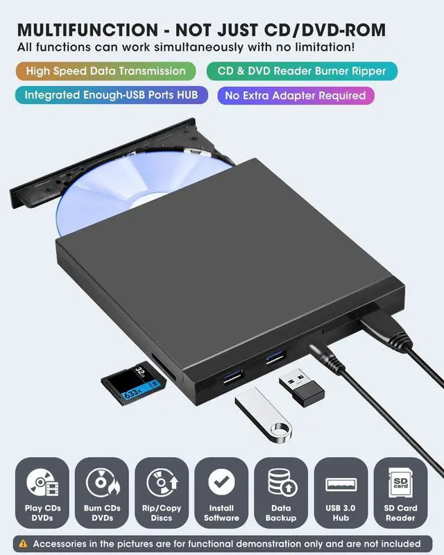 Alt view image 2 of 5 - ROOFULL External CD DVD Drive USB 3.0 & USB-C CD & DVD Player Burner Portable CD/DVD +/-RW Disc Reader Writer with SD Card Slot and USB Ports for Laptop Desktop PC Windows 11/10, Apple Mac Computer
