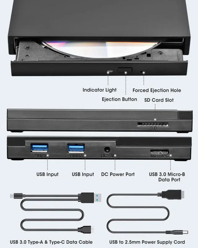 Alt view image 3 of 5 - ROOFULL External CD DVD Drive USB 3.0 & USB-C CD & DVD Player Burner Portable CD/DVD +/-RW Disc Reader Writer with SD Card Slot and USB Ports for Laptop Desktop PC Windows 11/10, Apple Mac Computer