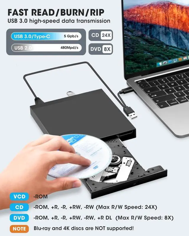 Alt view image 4 of 5 - ROOFULL External CD DVD Drive USB 3.0 & USB-C CD & DVD Player Burner Portable CD/DVD +/-RW Disc Reader Writer with SD Card Slot and USB Ports for Laptop Desktop PC Windows 11/10, Apple Mac Computer