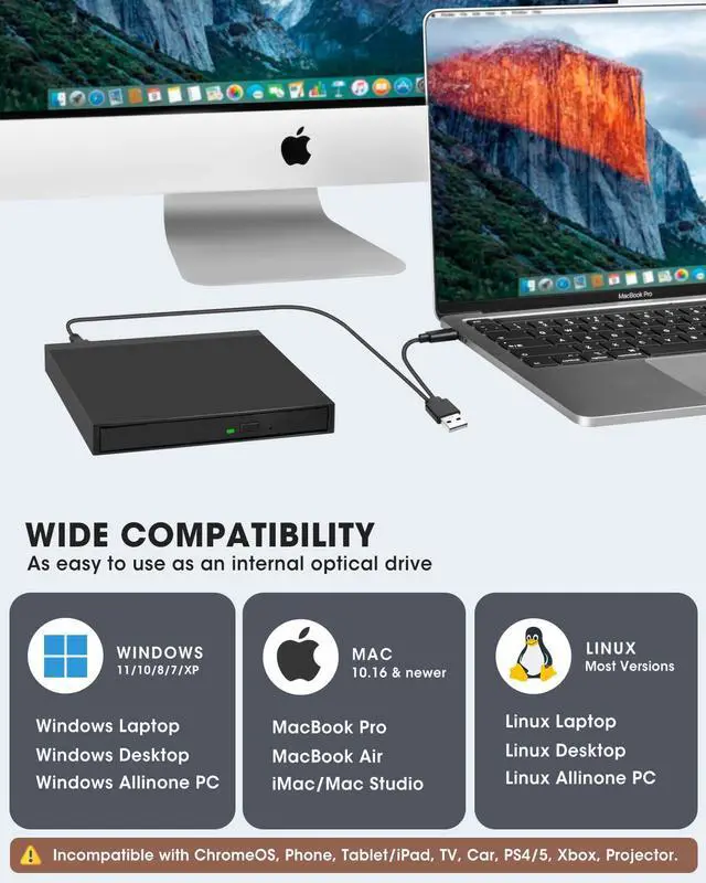 Alt view image 5 of 5 - ROOFULL External CD DVD Drive USB 3.0 & USB-C CD & DVD Player Burner Portable CD/DVD +/-RW Disc Reader Writer with SD Card Slot and USB Ports for Laptop Desktop PC Windows 11/10, Apple Mac Computer