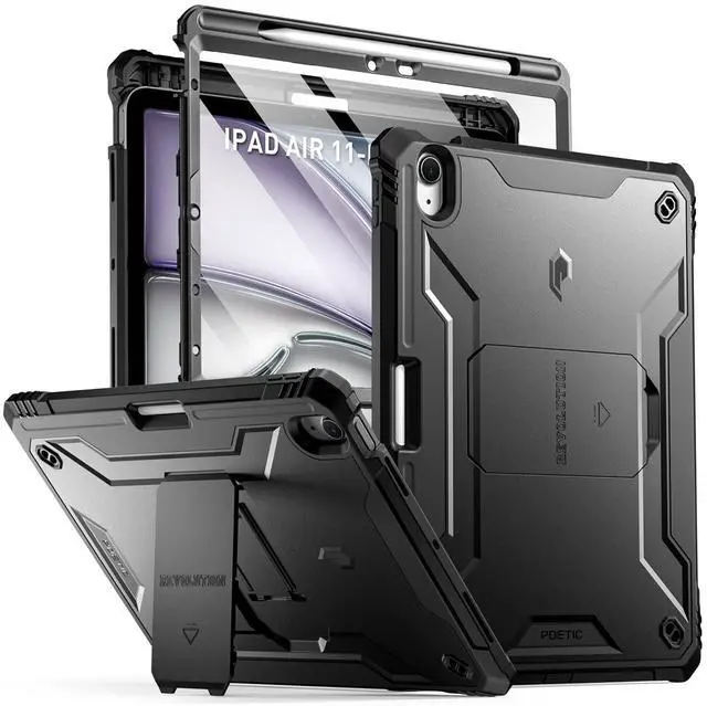 Main image of Poetic Revolution Case for iPad Air 11 Inch M3 2025 / M2 2024, Full-Body Rugged Case with Built in Screen Protector and Pencil Holder for iPad Air 7th/6th/5th/4th Gen (2025/2024/2022/2020),Black