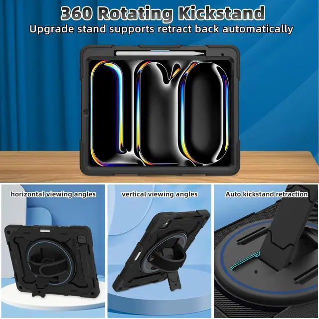 Alt view image 4 of 5 - ROSROME for iPad Pro 13 Inch Case 2024 M4 7th Generation with HD Screen Protector, Shoulder Strap, 360 Stand, Hand Strap,Pen Holder |15ft Drop Protection| Heavy Duty Military Case for Pro 13 for Kids