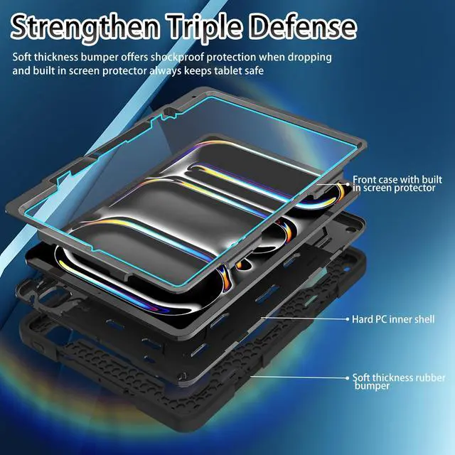 Alt view image 2 of 5 - ROSROME for iPad Pro 13 Inch Case 2024 M4 7th Generation with HD Screen Protector, Shoulder Strap, 360 Stand, Hand Strap,Pen Holder |15ft Drop Protection| Heavy Duty Military Case for Pro 13 for Kids