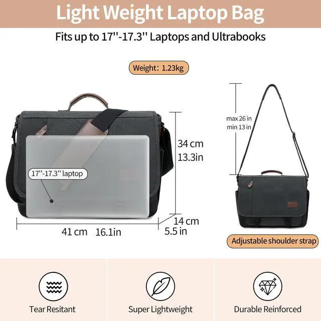 Alt view image 3 of 5 - PPOBOW Canvas Messenger Bag for Men Waterproof Business Bags for Men Vintage Canvas Laptop Bag, Black