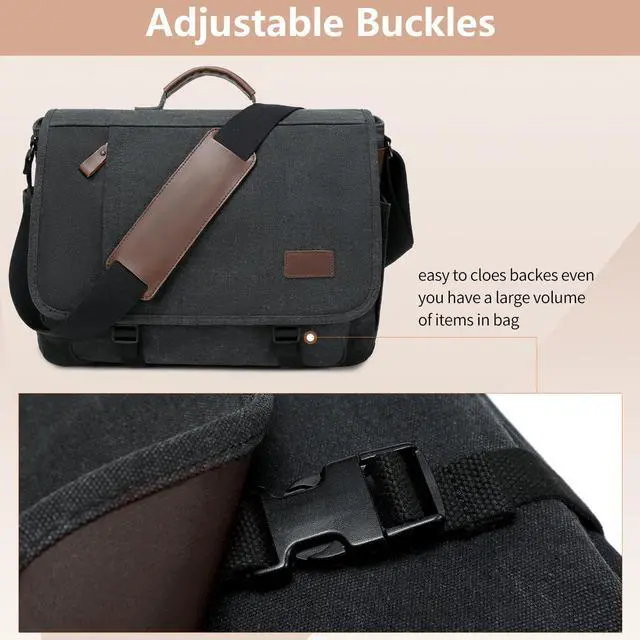 Alt view image 5 of 5 - PPOBOW Canvas Messenger Bag for Men Waterproof Business Bags for Men Vintage Canvas Laptop Bag, Black