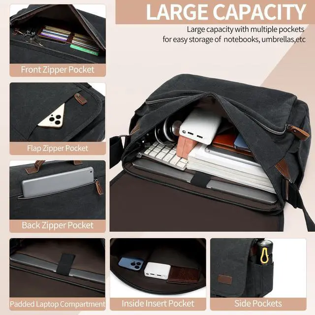 Alt view image 4 of 5 - PPOBOW Canvas Messenger Bag for Men Waterproof Business Bags for Men Vintage Canvas Laptop Bag, Black