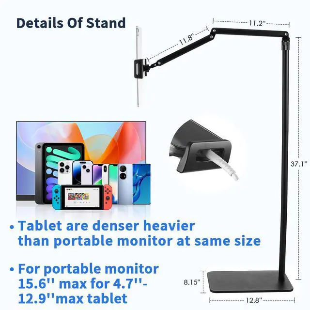 Alt view image 2 of 5 - Tablet Floor Stand for ipad,Kindle,Portable Monitor Floor Stand Holder for 15.6'',16'',Overhead Bed Tablet Phone Mount Stand for Kindle,Work with 4.7''-12.9'' iPad Pro Ai Mini,Samsung Tab,Surface Pro