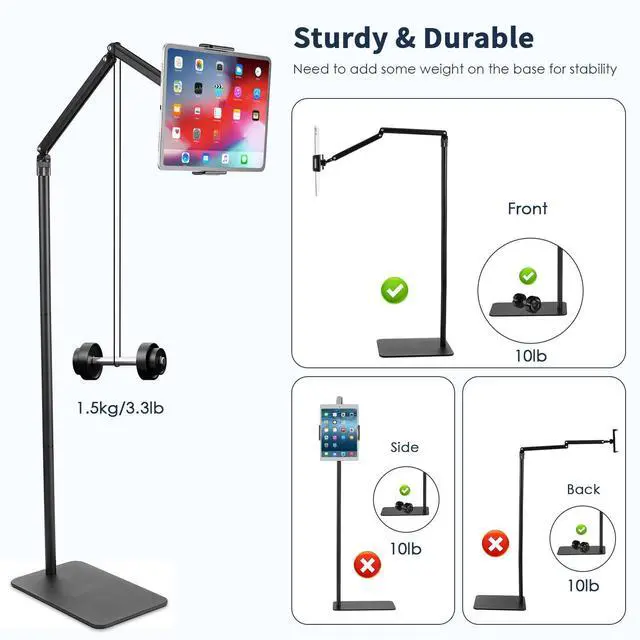 Alt view image 3 of 5 - Tablet Floor Stand for ipad,Kindle,Portable Monitor Floor Stand Holder for 15.6'',16'',Overhead Bed Tablet Phone Mount Stand for Kindle,Work with 4.7''-12.9'' iPad Pro Ai Mini,Samsung Tab,Surface Pro