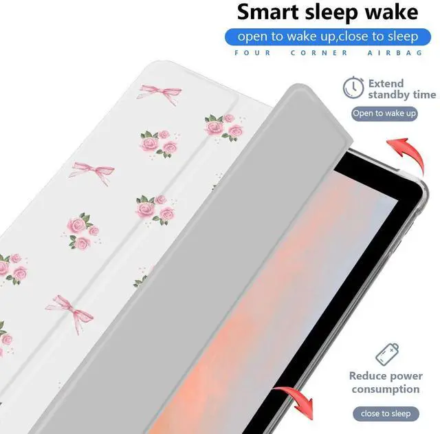 Alt view image 3 of 5 - JOYLAND Cute Flower Bowknot Case for iPad Air 4 2020/iPad Air 5 2022 10.9 Inch with Pencil Holder, Auto Wake/Sleep Aesthetic Floral Shockproof Case, Trifold Stand White Girly Cover for Girls Kids