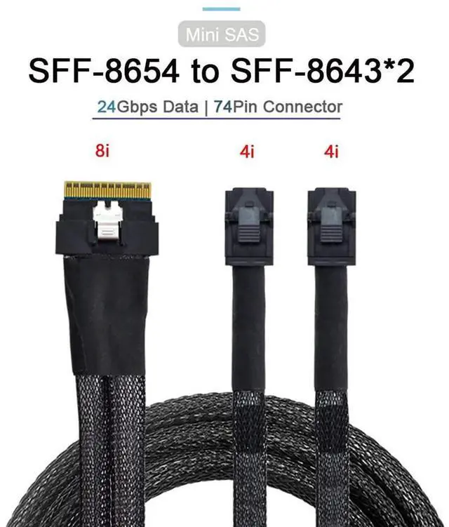 Alt view image 2 of 5 - NFHK PCI-E Ultraport Slimline SAS Slim 4.0 SFF-8654 8i 74pin to Dual SFF-8643 4i Mini SAS HD Cable PCI-Express
