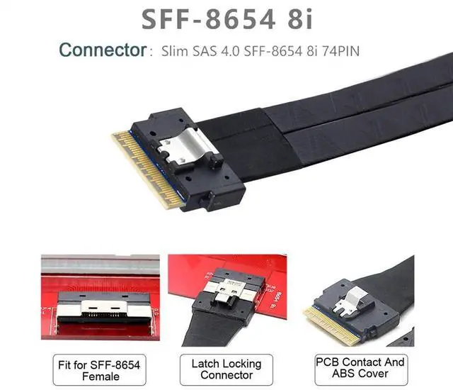 Alt view image 3 of 5 - NFHK PCI-E Ultraport Slimline SAS Slim 4.0 SFF-8654 8i 74pin to Dual SFF-8643 4i Mini SAS HD Cable PCI-Express