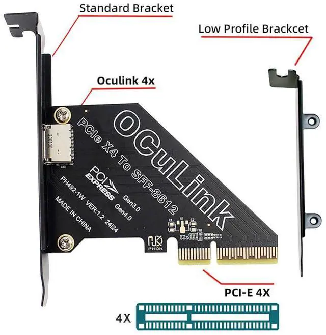 Alt view image 2 of 5 - NFHK Adapter PCI-Express 4.0 PCIE 16x Detachable to Four Oculink SFF-8612 SFF-8611 External VROC Raid0 Adapter for U.2 SSD eGPU External Graphics Card Dock