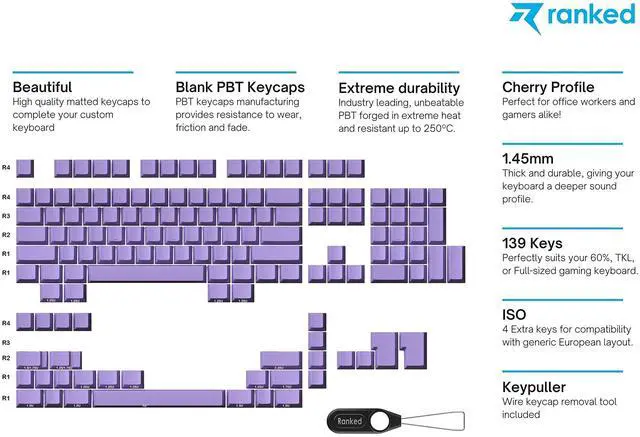 Alt view image 2 of 5 - Ranked Blank Premium Keycap Set | 1.4 mm Thick PBT | Cherry Profile for Mechanical Keyboard (Lavender, 139 Keys)