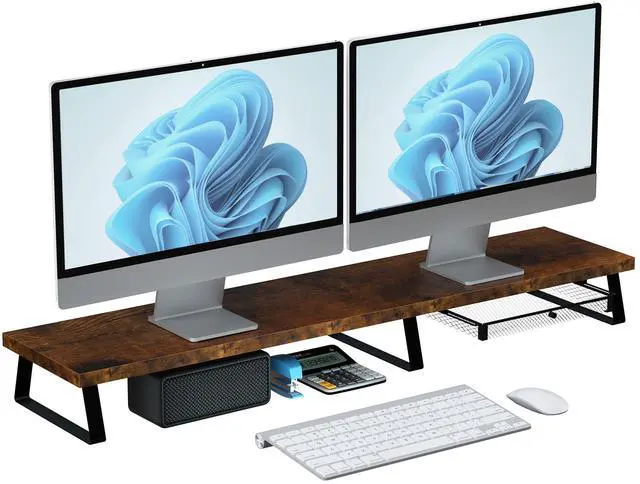 Main image of Vintage Wooden Dual Monitor Stand - 2 Monitor Riser with Metal Legs & Drawer, Office Desk Organizer