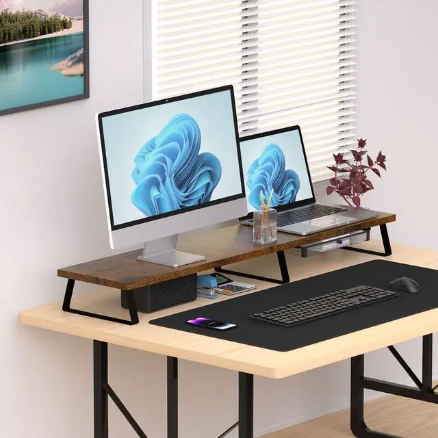 Alt view image 5 of 5 - Vintage Wooden Dual Monitor Stand - 2 Monitor Riser with Metal Legs & Drawer, Office Desk Organizer