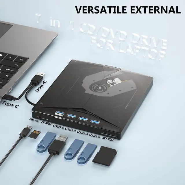 Alt view image 2 of 4 - Alphami External CD/DVD Drive for Laptop, 7-in-1 External CD/DVD Drive with 2 USB Ports, SD/TF Card Slots,CD/DVD +/-RW Drive, USB 3.0 DVD Burner Compatible with Laptop, Mac, Windows 11/10/8/7, Linux