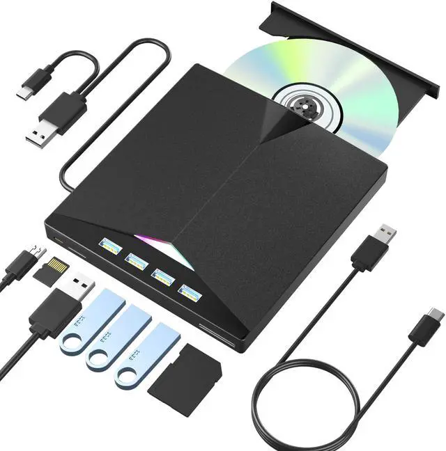 Main image of Alphami External CD/DVD Drive for Laptop, 7-in-1 External CD/DVD Drive with 2 USB Ports, SD/TF Card Slots,CD/DVD +/-RW Drive, USB 3.0 DVD Burner Compatible with Laptop, Mac, Windows 11/10/8/7, Linux