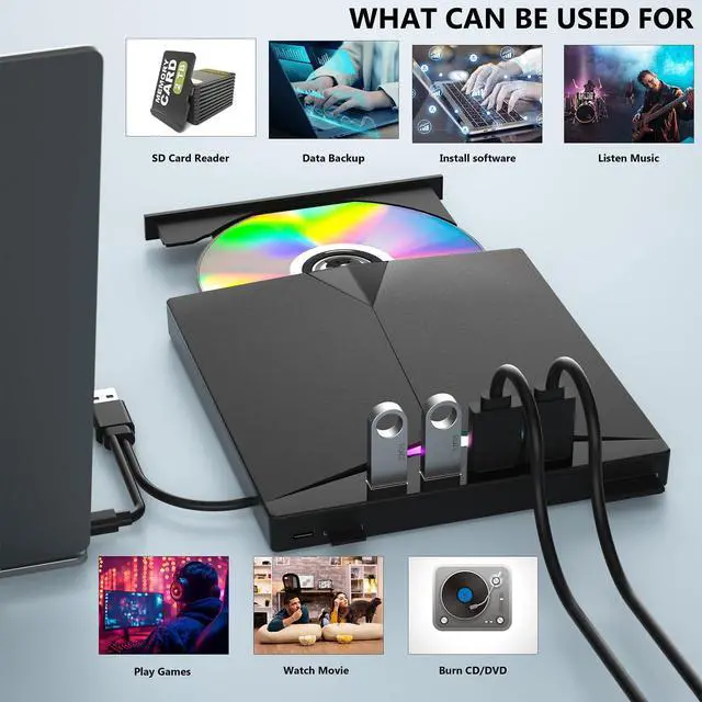 Alt view image 3 of 4 - Alphami External CD/DVD Drive for Laptop, 7-in-1 External CD/DVD Drive with 2 USB Ports, SD/TF Card Slots,CD/DVD +/-RW Drive, USB 3.0 DVD Burner Compatible with Laptop, Mac, Windows 11/10/8/7, Linux