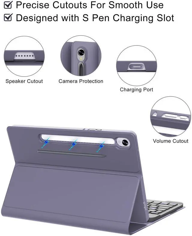 Alt view image 4 of 5 - for Samsung Galaxy Tab S9 FE Keyboard Case 5G, Galaxy S9 11'' Tablet Case with Keyboard, Bluetooth Detachable Keypad, Smart Folio Case for Samsung Tab S9FE 10.9in Key Board with Pen Holder, Purple