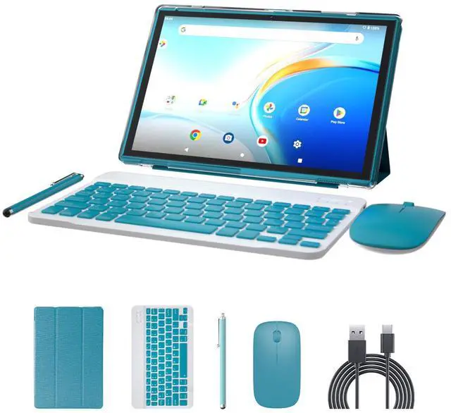 Main image of NOVOJOY 2 in 1 Tablet 10 Inch Android 14 OS Tableta, Tablets with Keyboard, Mouse, Case, Stylus, 64GB ROM+8GB RAM, 2MP+8MP Dual Camera, Quad Core Processor, 6000mAh Battery, 10.1 in FHD Tab Navy.