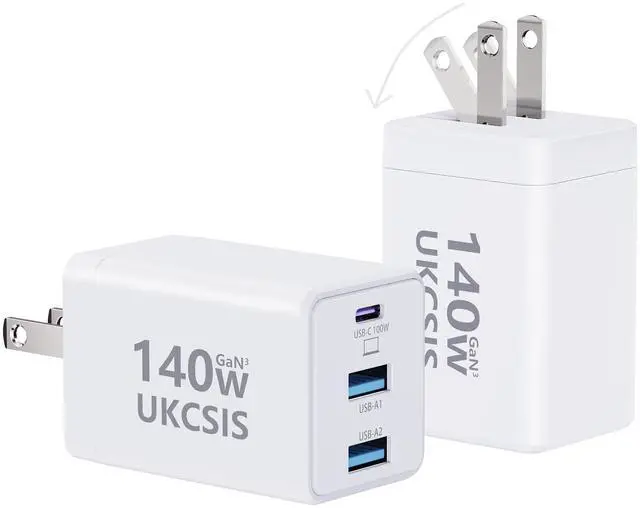Main image of 140W USB C Charger Block - UKCSIS 3-Port GaN Fast Chargers 2 Pack, Foldable USB C Wall Charger, Compact 100W Laptop Adapter, for MacBook Pro/Air, iPad Pro, Galaxy, iPhone Series, White
