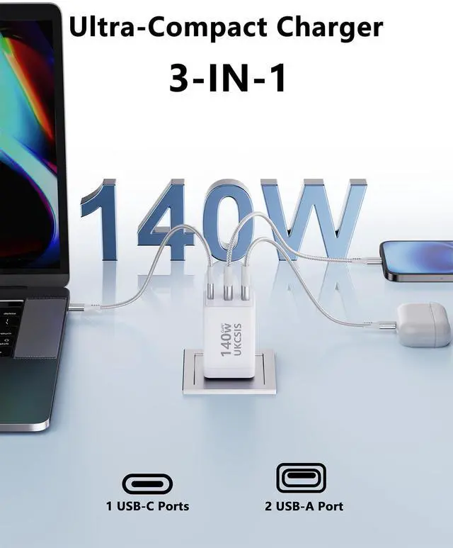 Alt view image 3 of 5 - 140W USB C Charger Block - UKCSIS 3-Port GaN Fast Chargers 2 Pack, Foldable USB C Wall Charger, Compact 100W Laptop Adapter, for MacBook Pro/Air, iPad Pro, Galaxy, iPhone Series, White