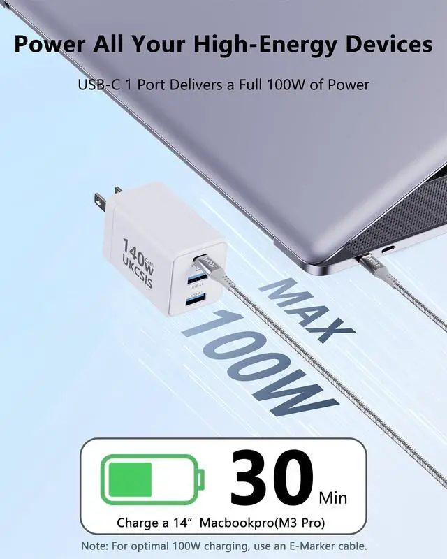 Alt view image 2 of 5 - 140W USB C Charger Block - UKCSIS 3-Port GaN Fast Chargers 2 Pack, Foldable USB C Wall Charger, Compact 100W Laptop Adapter, for MacBook Pro/Air, iPad Pro, Galaxy, iPhone Series, White