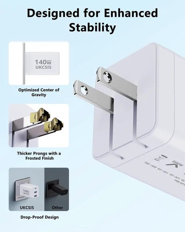 Alt view image 5 of 5 - 140W USB C Charger Block - UKCSIS 3-Port GaN Fast Chargers 2 Pack, Foldable USB C Wall Charger, Compact 100W Laptop Adapter, for MacBook Pro/Air, iPad Pro, Galaxy, iPhone Series, White