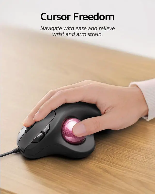 Alt view image 2 of 5 - Nulea M509 Trackball Mouse Wired, Ergonomic Design, Easy Thumb Control, Precise & Smooth Tracking, 2-in-1 Interface (Type A &Type C), Compatible for PC, Laptop, Mac, Windows(Pink).