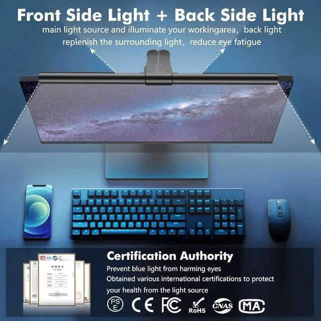Alt view image 3 of 5 - OOWOLF Monitor Light Bar with Backlight CRI>=95, Screen Light Bar, Desk Lamp for Eye-Caring,Dual Light,Filter Blue-Light,3-Color Mode,Memory Dimming,e-Reading Task Lamp,Computer Light for Home Office